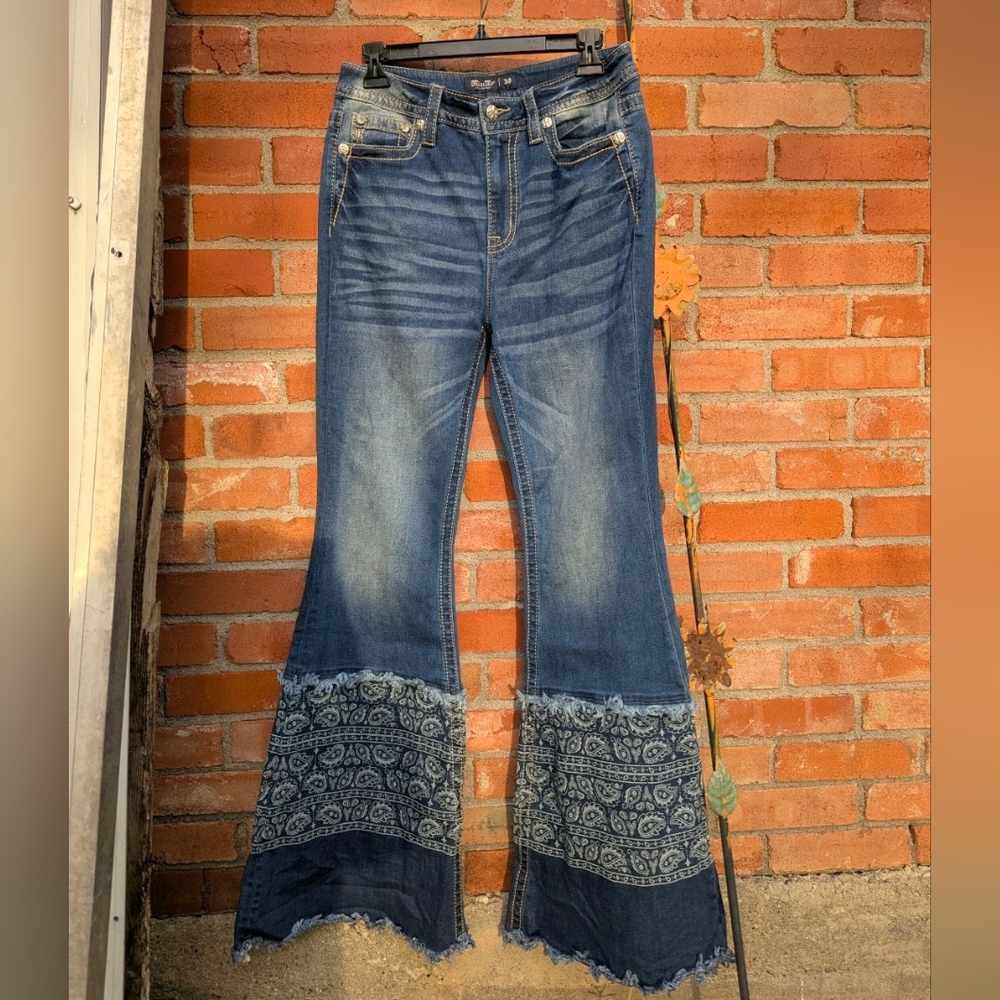 Miss Me Blue Flare Jeans with Patterned Hem